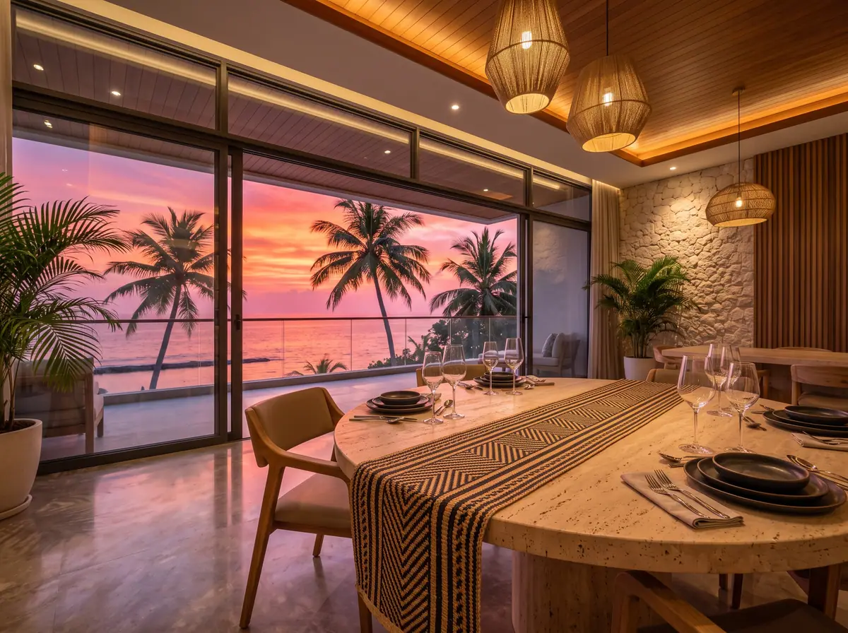 Illustration from Binga's stock library: a dining room at sunset under rattan pendants. Not the building in this story.
