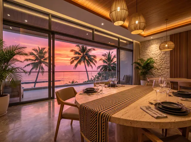 Illustration from Binga's stock library: a dining room at sunset under rattan pendants. Not the building in this story.