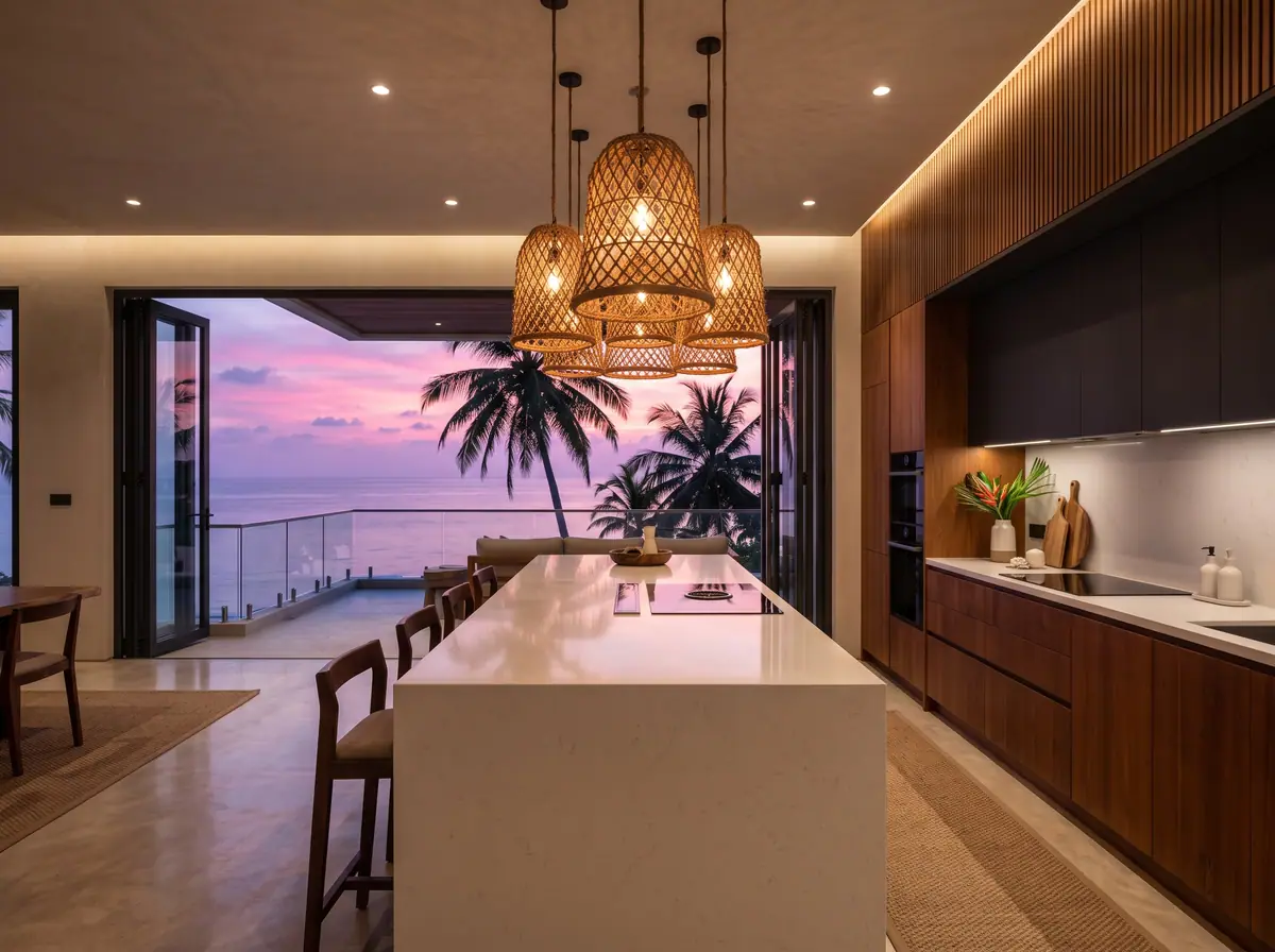 Illustration from Binga's stock library: a kitchen island under rattan pendants at sunset. Not the building in this story.