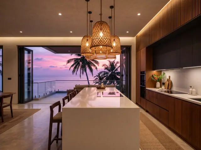 Illustration from Binga's stock library: a kitchen island under rattan pendants at sunset. Not the building in this story.