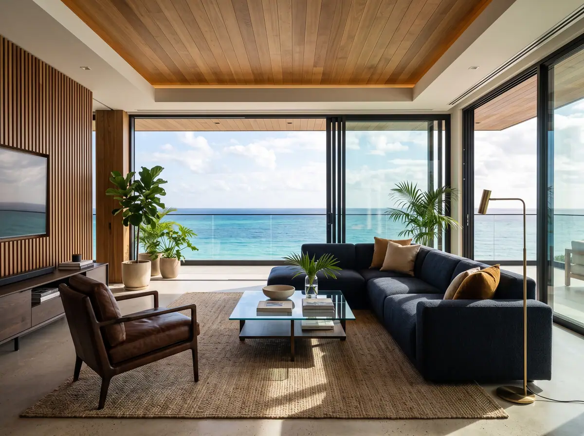 Illustration from Binga's stock library: a sea-view living room with a dark sofa and floor-to-ceiling windows. Not the building in this story.