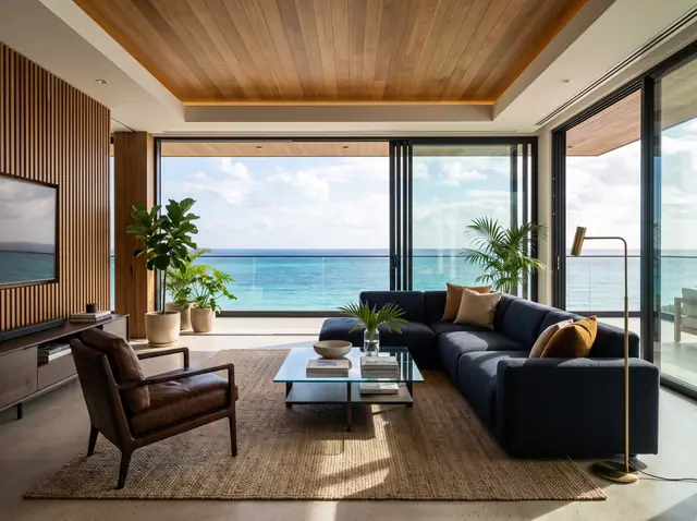 Illustration from Binga's stock library: a sea-view living room with a dark sofa and floor-to-ceiling windows. Not the building in this story.