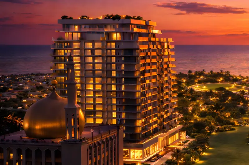 Bayfancy Residence at dusk with its Phase 2 neighbourhood, as rendered by the developer. Render: Bayfancy