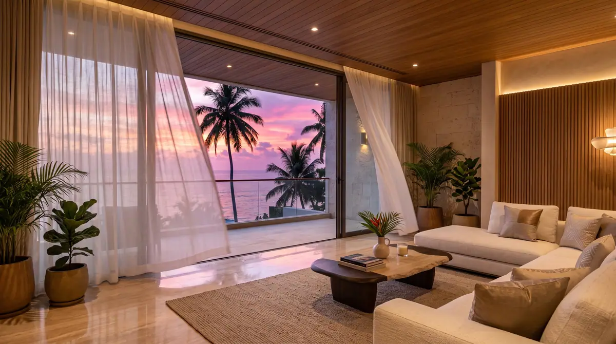 Illustration from Binga's stock library: a living room with sheer curtains at sunset. Not the building in this story.
