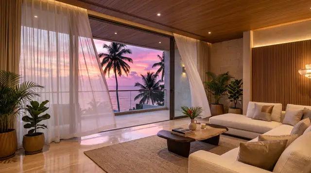 Illustration from Binga's stock library: a living room with sheer curtains at sunset. Not the building in this story.