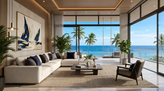 Illustration from Binga's stock library: a sea-view living room with sailing artwork. Not the building in this story.