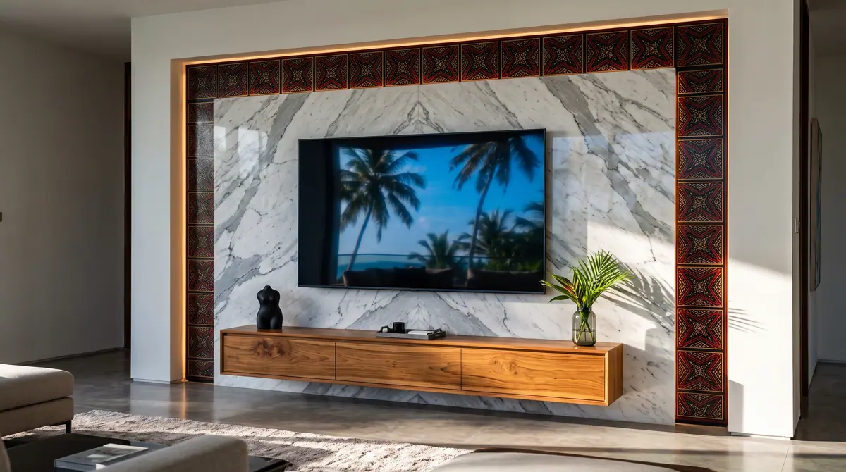 Illustration from Binga's stock library: a marble feature wall with a timber console. Not the building in this story.