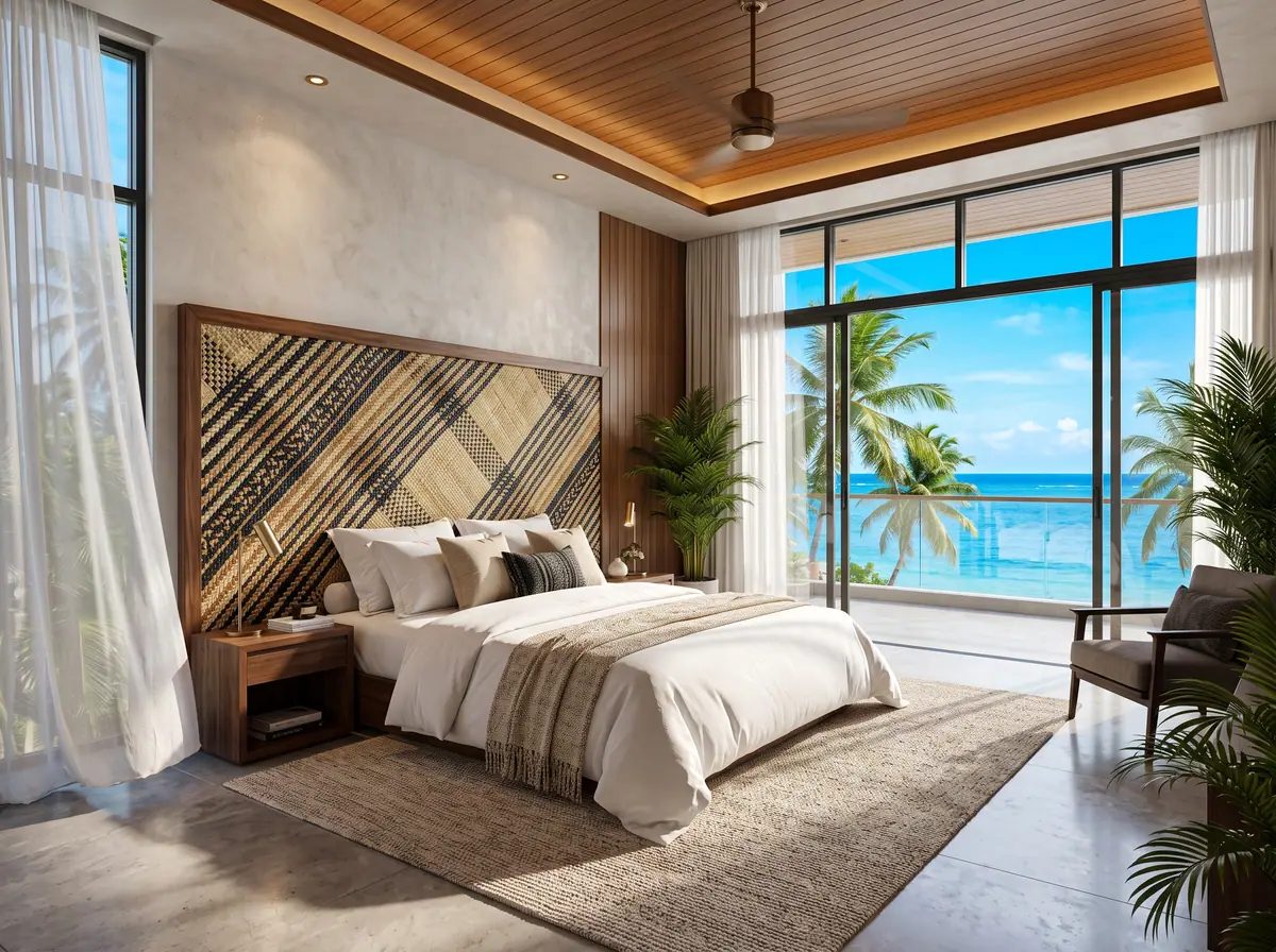 Illustration from Binga's stock library: a bright bedroom with a woven headboard and a sea view. Not the building in this story.