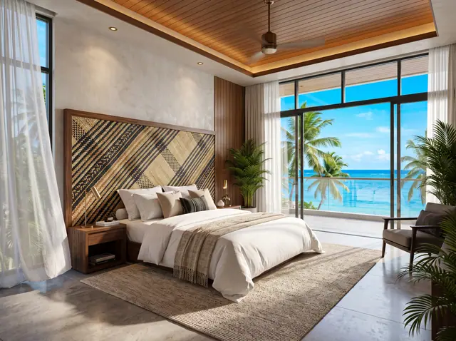 Illustration from Binga's stock library: a bright bedroom with a woven headboard and a sea view. Not the building in this story.
