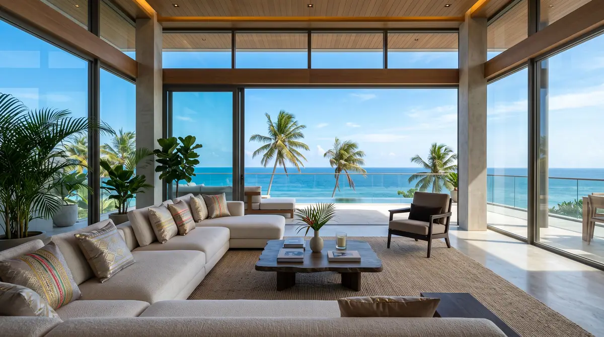 Illustration from Binga's stock library: a long lounge sofa facing the sea and palms. Not the building in this story.