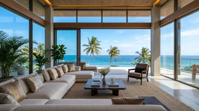 Illustration from Binga's stock library: a long lounge sofa facing the sea and palms. Not the building in this story.