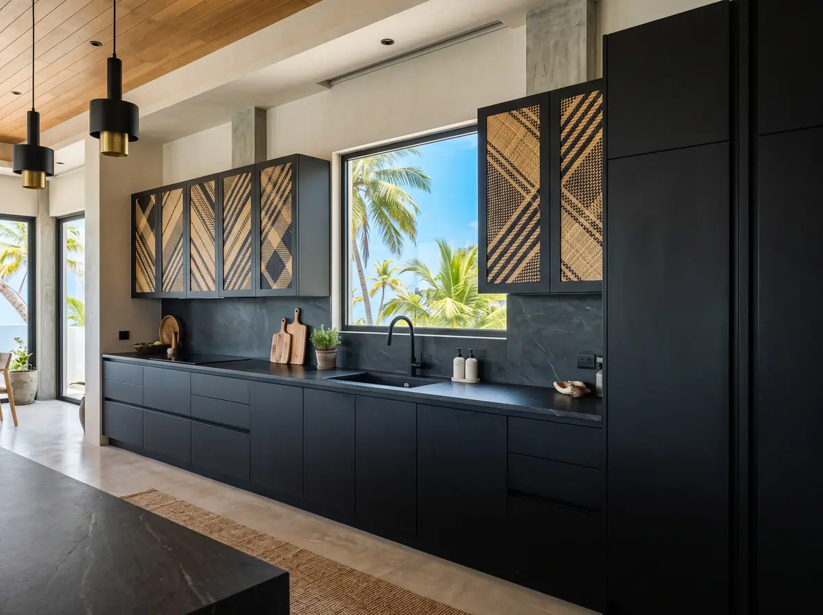 Illustration from Binga's stock library: a black kitchen with patterned cabinet doors. Not the building in this story.