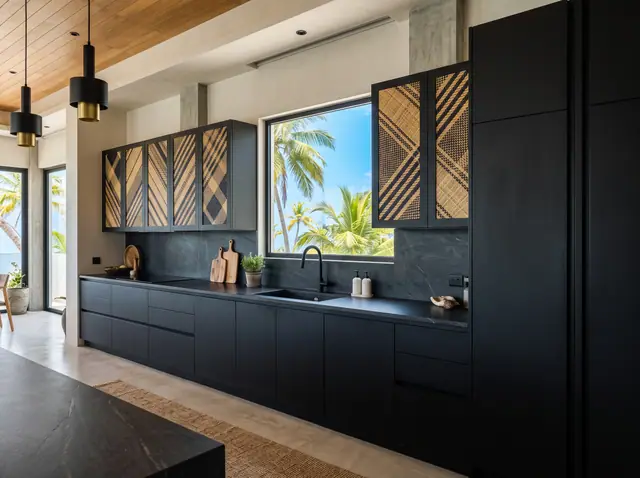 Illustration from Binga's stock library: a black kitchen with patterned cabinet doors. Not the building in this story.