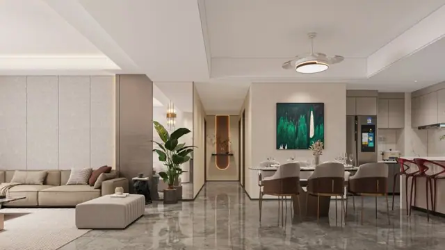 A living and dining room as rendered for the 2025 sales launch. Render: Bayfancy