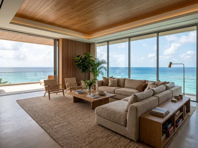 Illustration from Binga's stock library: a corner living room with an ocean view. Not the building in this story.