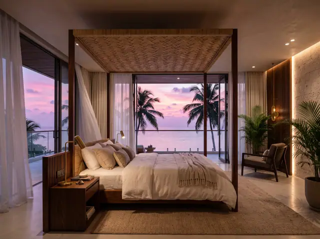 Illustration from Binga's stock library: a bedroom with a four-poster bed at sunset. Not the building in this story.