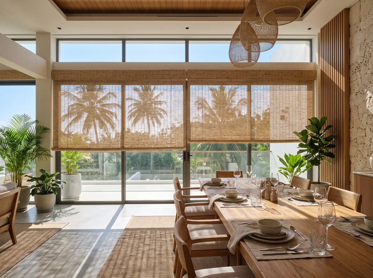 Illustration from Binga's stock library: a dining table laid beside bamboo blinds and palms. Not the building in this story.