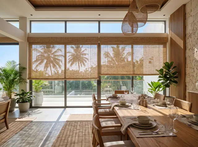 Illustration from Binga's stock library: a dining table laid beside bamboo blinds and palms. Not the building in this story.