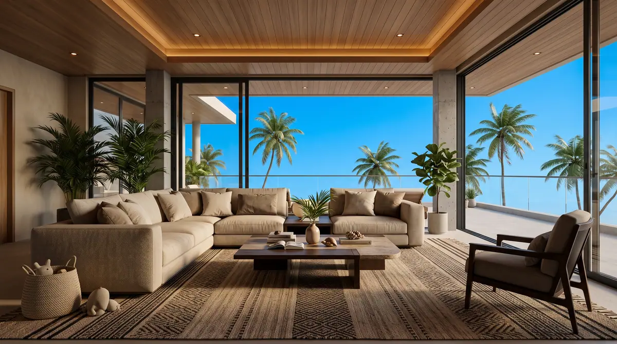 Illustration from Binga's stock library: a lounge with a beige sectional opening onto a terrace. Not the building in this story.