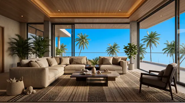 Illustration from Binga's stock library: a lounge with a beige sectional opening onto a terrace. Not the building in this story.