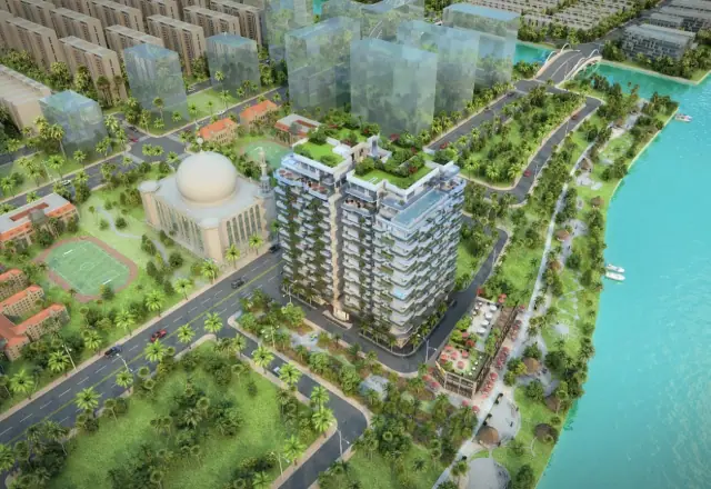 An aerial render of Bayfancy Residence in Hulhumalé Phase 2, as first shown by the developer. Render: Bayfancy