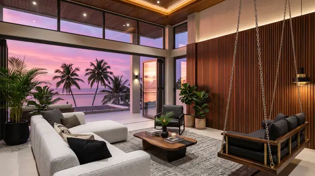 Illustration from Binga's stock library: a living room with a swing seat at dusk. Not the building in this story.